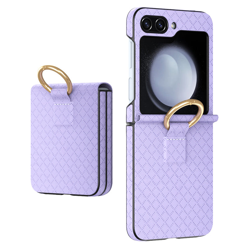 GKK For Samsung Galaxy Z Flip5 5G Hard PC PU Phone Case Grids Imprinted Slim Phone Cover with Ring Finger Holder GKK For Samsung Galaxy Z Flip5 5G Hard PC PU Phone Case Grids Imprinted Slim Phone Cover with Ring Finger Holder